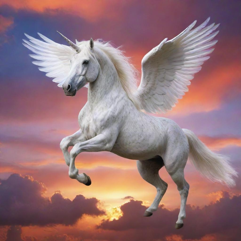 A majestic unicorn with glistening wings, soaring across a vivid sunset sky speckled with fluffy clouds.