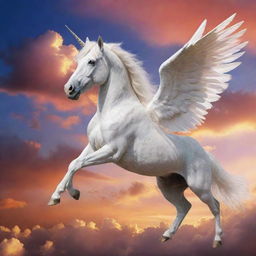 A majestic unicorn with glistening wings, soaring across a vivid sunset sky speckled with fluffy clouds.