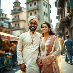 A vibrant scene capturing an Indian Muslim man and woman in the bustling streets of Mumbai