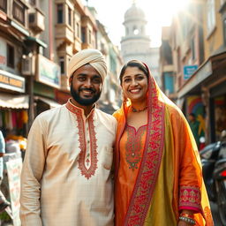 A vibrant scene capturing an Indian Muslim man and woman in the bustling streets of Mumbai