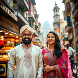 A vibrant scene capturing an Indian Muslim man and woman in the bustling streets of Mumbai