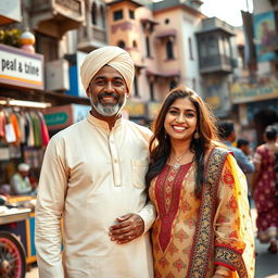 A vibrant scene capturing an Indian Muslim man and woman in the bustling streets of Mumbai