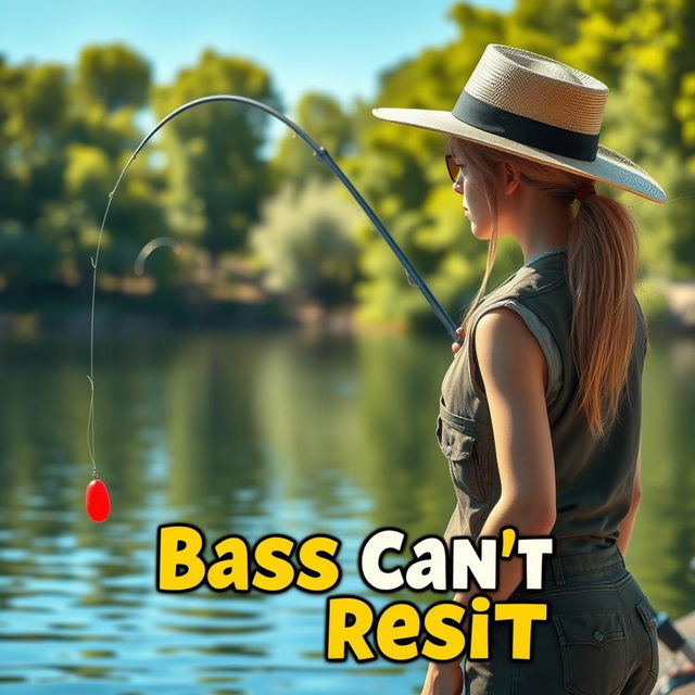 A realistic 3D rendered scene depicting a woman fishing for bass at the edge of a serene lake