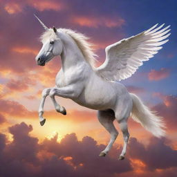 A majestic unicorn with glistening wings, soaring across a vivid sunset sky speckled with fluffy clouds.