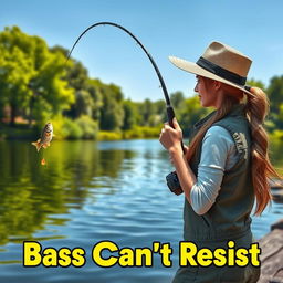 A realistic 3D rendered scene depicting a woman fishing for bass at the edge of a serene lake