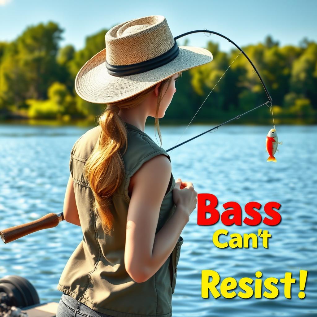 A realistic 3D rendered scene depicting a woman fishing for bass at the edge of a serene lake