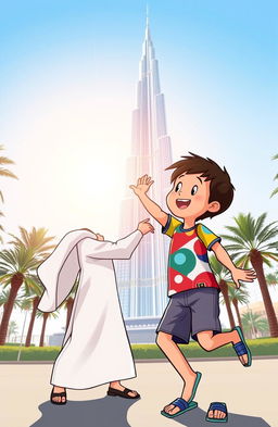 Two Emirati boys playfully interacting under the Burj Khalifa in Dubai, with the sun shining brightly in a cartoon style