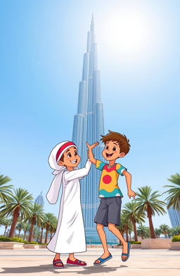 Two Emirati boys playfully interacting under the Burj Khalifa in Dubai, with the sun shining brightly in a cartoon style