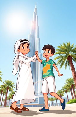 Two Emirati boys playfully interacting under the Burj Khalifa in Dubai, with the sun shining brightly in a cartoon style