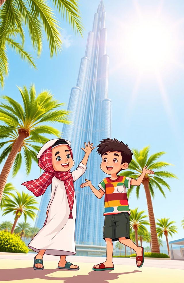 Two Emirati boys playfully interacting under the Burj Khalifa in Dubai, with the sun shining brightly in a cartoon style