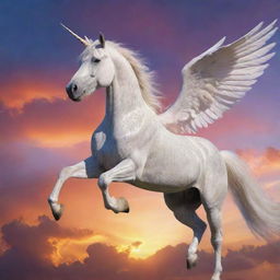 A majestic unicorn with glistening wings, soaring across a vivid sunset sky speckled with fluffy clouds.