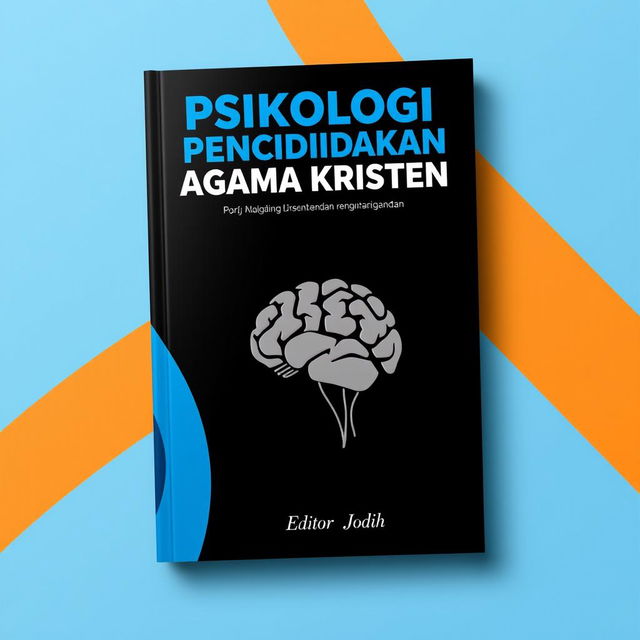 A book cover design for a book titled 'Psikologi Pendidikan Agama Kristen', predominantly featuring a black background with blue and orange accents