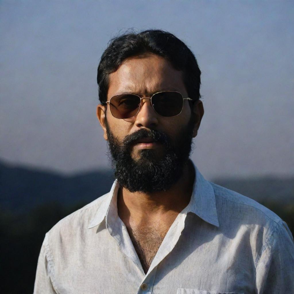 A lean Indian man with slightly shortened hair and a full beard, wearing a loose shirt and sunglasses, standing in a dark, mystifying backdrop