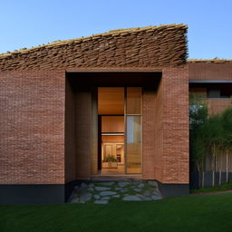 A large, three-story house clad with intricate brickwork and topped with a charmingly rustic briquettes roof.