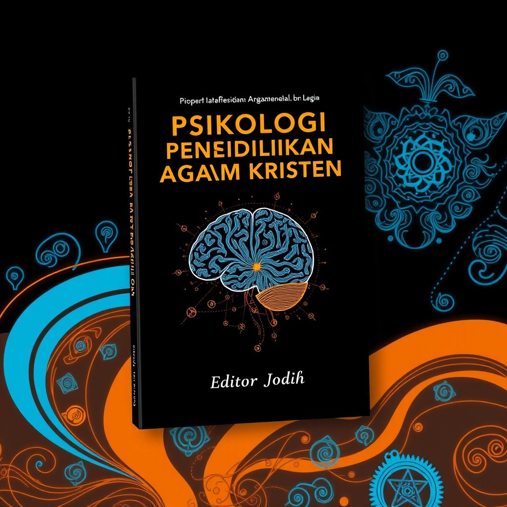 A book cover design for a book titled 'Psikologi Pendidikan Agama Kristen', featuring a predominantly black background complemented by intricate blue and orange accents