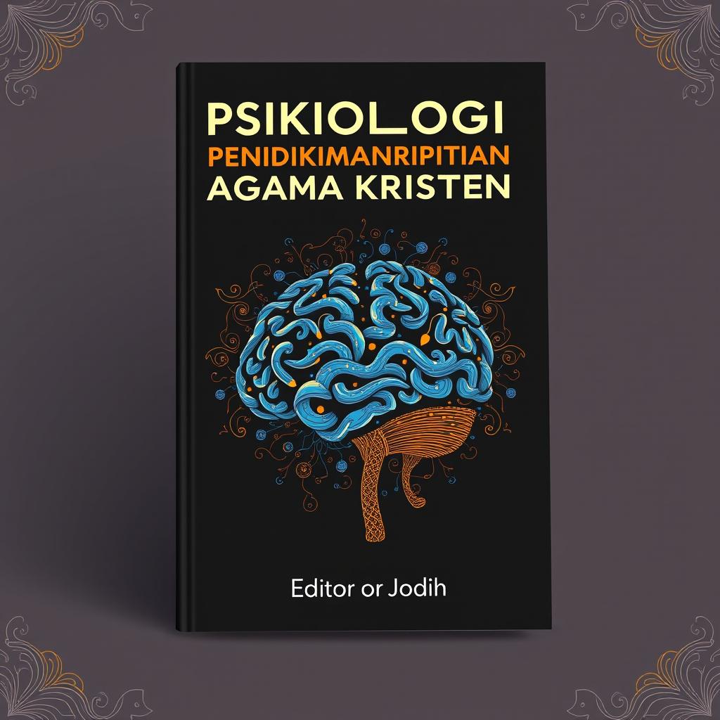 A book cover design for a book titled 'Psikologi Pendidikan Agama Kristen', featuring a predominantly black background complemented by intricate blue and orange accents