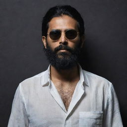 A lean Indian man with slightly shortened hair and a full beard, wearing a loose shirt and sunglasses, standing in a dark, mystifying backdrop