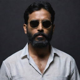 A lean Indian man with slightly shortened hair and a full beard, wearing a loose shirt and sunglasses, standing in a dark, mystifying backdrop