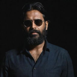 A lean Indian man with slightly shortened hair and a full beard, wearing a loose shirt and sunglasses, standing in a dark, mystifying backdrop