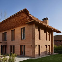 A large, three-story house clad with intricate brickwork and topped with a charmingly rustic briquettes roof.