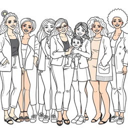 A detailed line drawing for a coloring book showcasing a diverse group of women and girls of all ages, skin colors, and body types, all wearing modern clothing and standing next to each other in a joyful and friendly arrangement