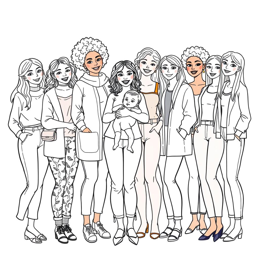 A detailed line drawing for a coloring book showcasing a diverse group of women and girls of all ages, skin colors, and body types, all wearing modern clothing and standing next to each other in a joyful and friendly arrangement