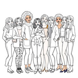 A detailed line drawing for a coloring book showcasing a diverse group of women and girls of all ages, skin colors, and body types, all wearing modern clothing and standing next to each other in a joyful and friendly arrangement