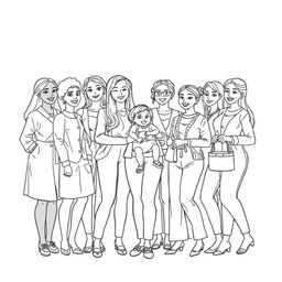 A detailed line drawing for a coloring book showcasing a diverse group of women and girls of all ages, skin colors, and body types, all wearing modern clothing and standing next to each other in a joyful and friendly arrangement