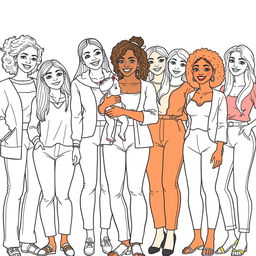 A detailed line drawing for a coloring book showcasing a diverse group of women and girls of all ages, skin colors, and body types, all wearing modern clothing and standing next to each other in a joyful and friendly arrangement