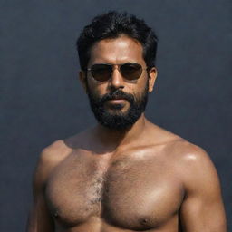 An Indian man with slightly short hair, a full beard, and bare chest, wearing a loose shirt and sunglasses, set against a dark, mystique backdrop