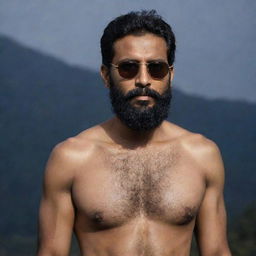 An Indian man with slightly short hair, a full beard, and bare chest, wearing a loose shirt and sunglasses, set against a dark, mystique backdrop