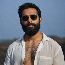 An Indian man with slightly short hair, a full beard, and bare chest, wearing a loose shirt and sunglasses, set against a dark, mystique backdrop