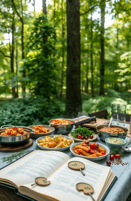 A serene green forest scene featuring a beautiful table set up for outdoor cooking