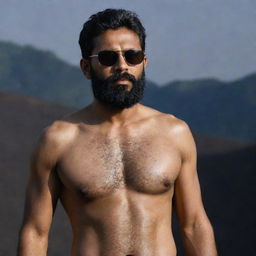 An Indian man with slightly short hair, a full beard, and bare chest, wearing a loose shirt and sunglasses, set against a dark, mystique backdrop