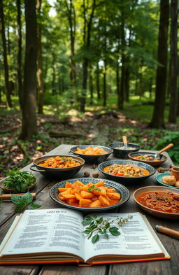 A serene green forest scene featuring a beautiful table set up for outdoor cooking