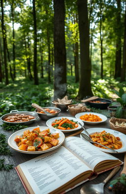 A serene green forest scene featuring a beautiful table set up for outdoor cooking