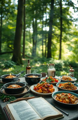 A serene green forest scene featuring a beautiful table set up for outdoor cooking