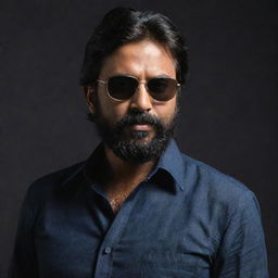 An Indian man, shirt fully buttoned, with a slightly shortened hair and a full beard, wearing sunglasses, set against a dark, suggestive backdrop