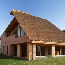 A large, three-story house clad with intricate brickwork and topped with a charmingly rustic briquettes roof.