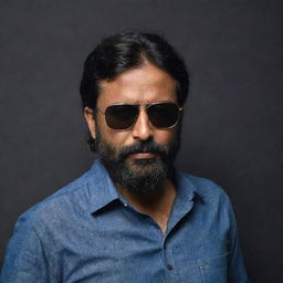 An Indian man, shirt fully buttoned, with a slightly shortened hair and a full beard, wearing sunglasses, set against a dark, suggestive backdrop