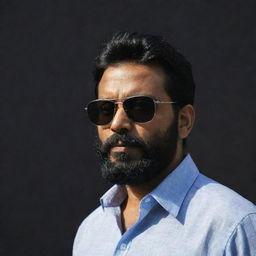 An Indian man, shirt fully buttoned, with a slightly shortened hair and a full beard, wearing sunglasses, set against a dark, suggestive backdrop