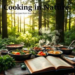 A picturesque green forest scene featuring a beautifully arranged outdoor cooking setup