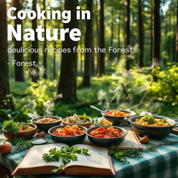 A picturesque green forest scene featuring a beautifully arranged outdoor cooking setup