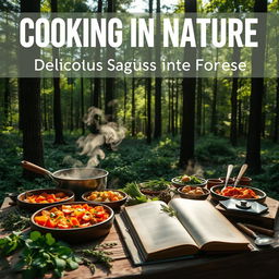 A picturesque green forest scene featuring a beautifully arranged outdoor cooking setup