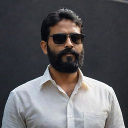 An Indian man, shirt fully buttoned, with a slightly shortened hair and a full beard, wearing sunglasses, set against a dark, suggestive backdrop