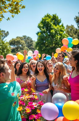 A vibrant and joyful scene filled with an explosion of colors, featuring a diverse group of people celebrating together in a park during a sunny day, surrounded by blooming flowers and colorful balloons