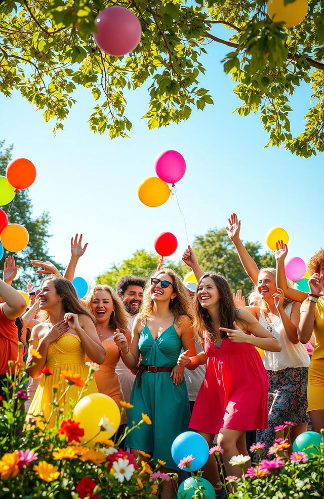 A vibrant and joyful scene filled with an explosion of colors, featuring a diverse group of people celebrating together in a park during a sunny day, surrounded by blooming flowers and colorful balloons