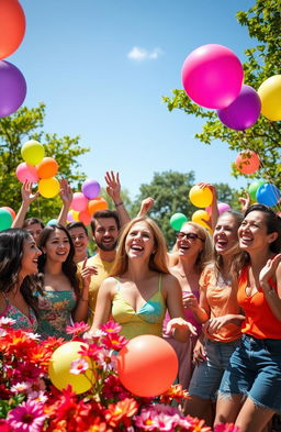 A vibrant and joyful scene filled with an explosion of colors, featuring a diverse group of people celebrating together in a park during a sunny day, surrounded by blooming flowers and colorful balloons