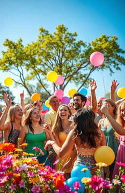 A vibrant and joyful scene filled with an explosion of colors, featuring a diverse group of people celebrating together in a park during a sunny day, surrounded by blooming flowers and colorful balloons