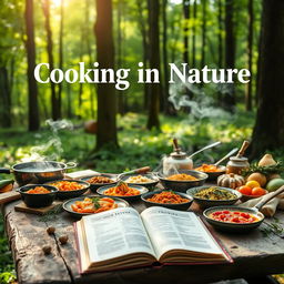 A serene green forest scene featuring an inviting outdoor cooking setup